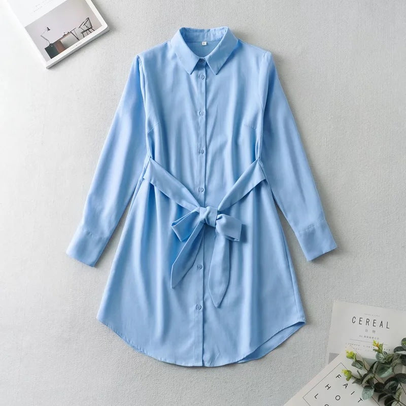 French Retro Spring New Women Clothing Lace-up Long Sleeve Mid-Length Shirt Dress