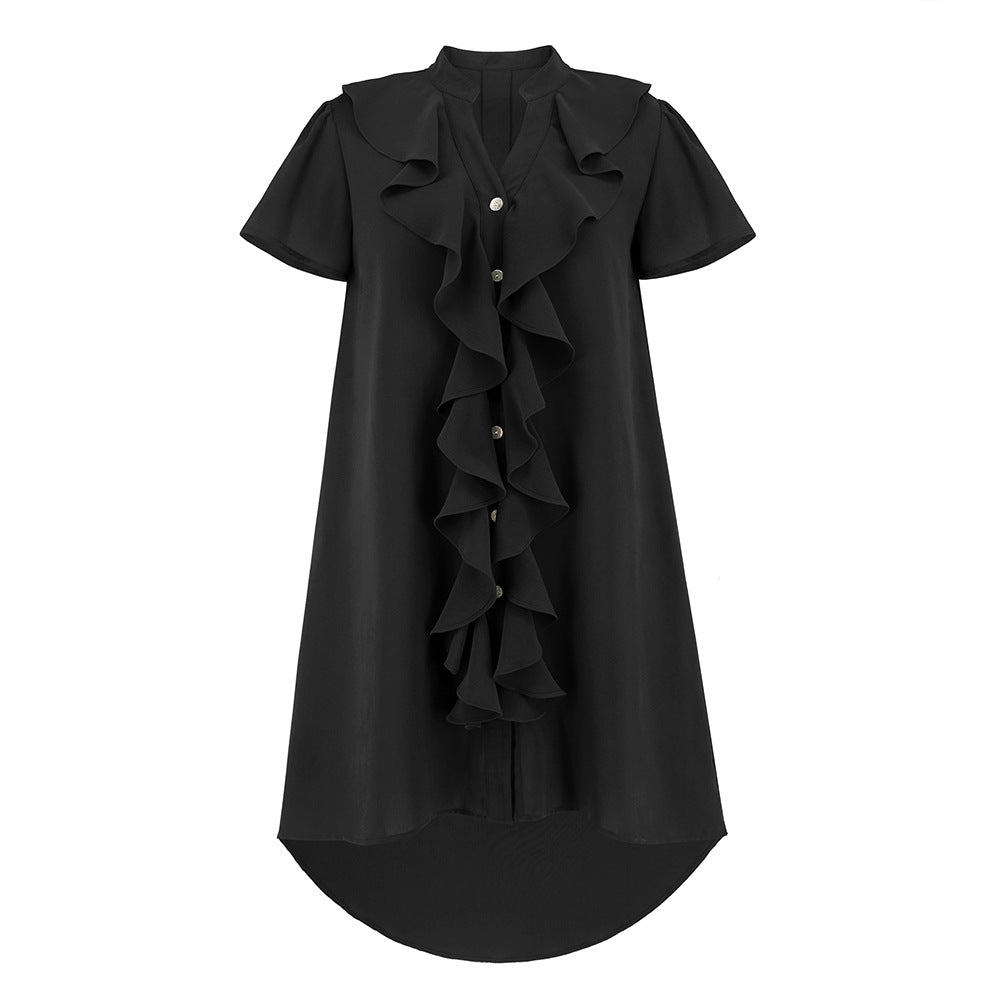 Women Flounce Cardigan Button Shirt Dress V neck Dress