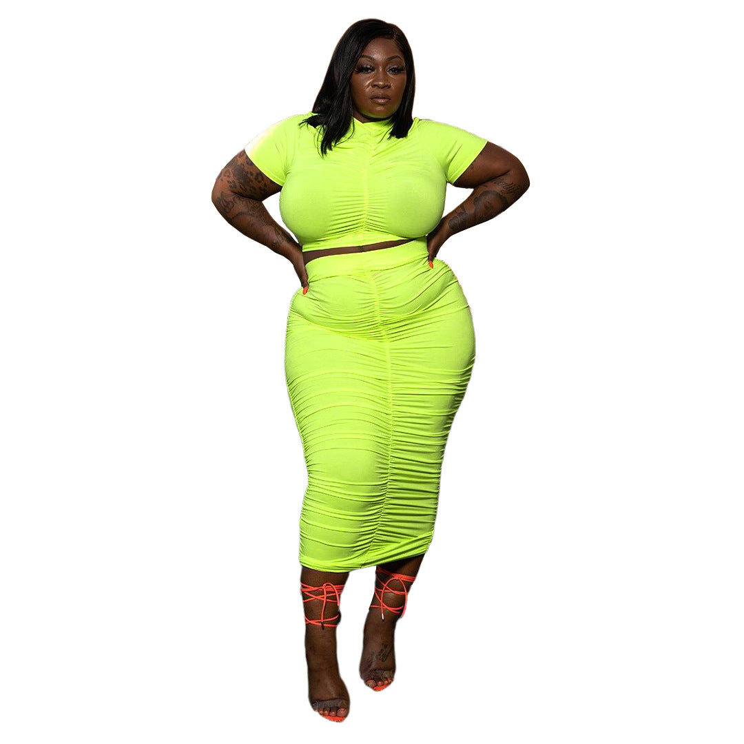 Plus Size Plus Size Women Solid Color Pleated Super Elastic Skirt Set Two-Piece Set