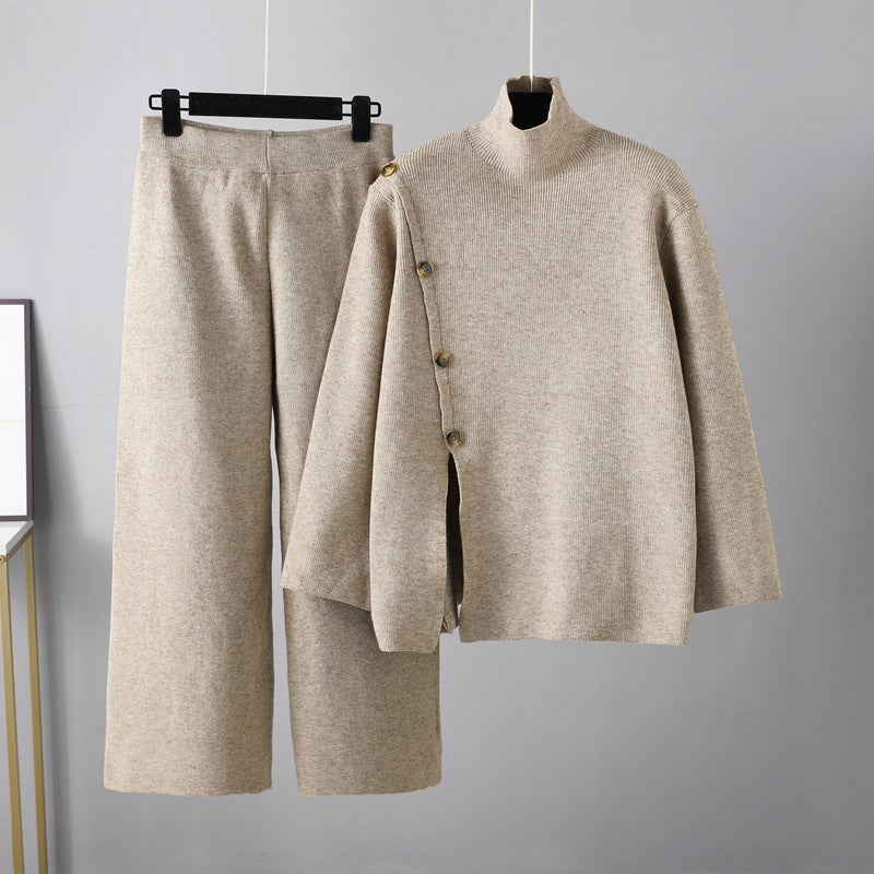 Niche Stand Collar Slit Knitted Turtleneck Sweater  Two Piece Set