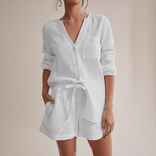 Cotton Crepe Shorts Suit Pajamas Women Skin-Friendly Ladies Homewear