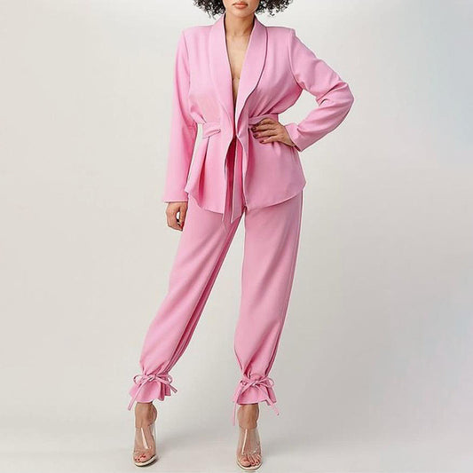 Autumn Winter Blouse Pants Pink Simple Lace Suit High Waist