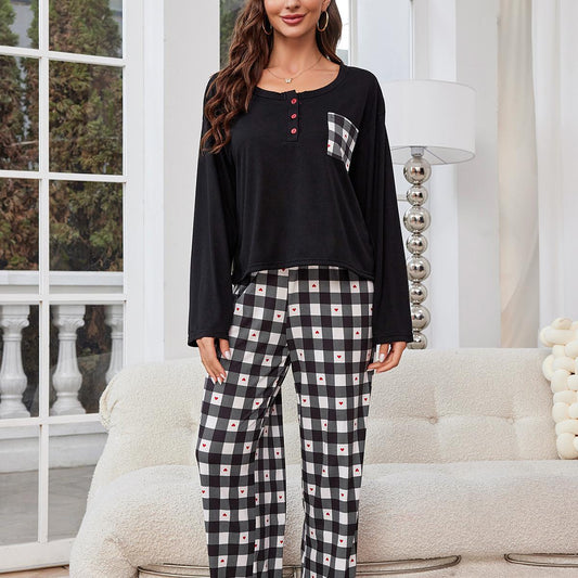 Pajamas Women Spring Autumn Plaid Long Sleeve Cardigan Homewear Two Piece Set