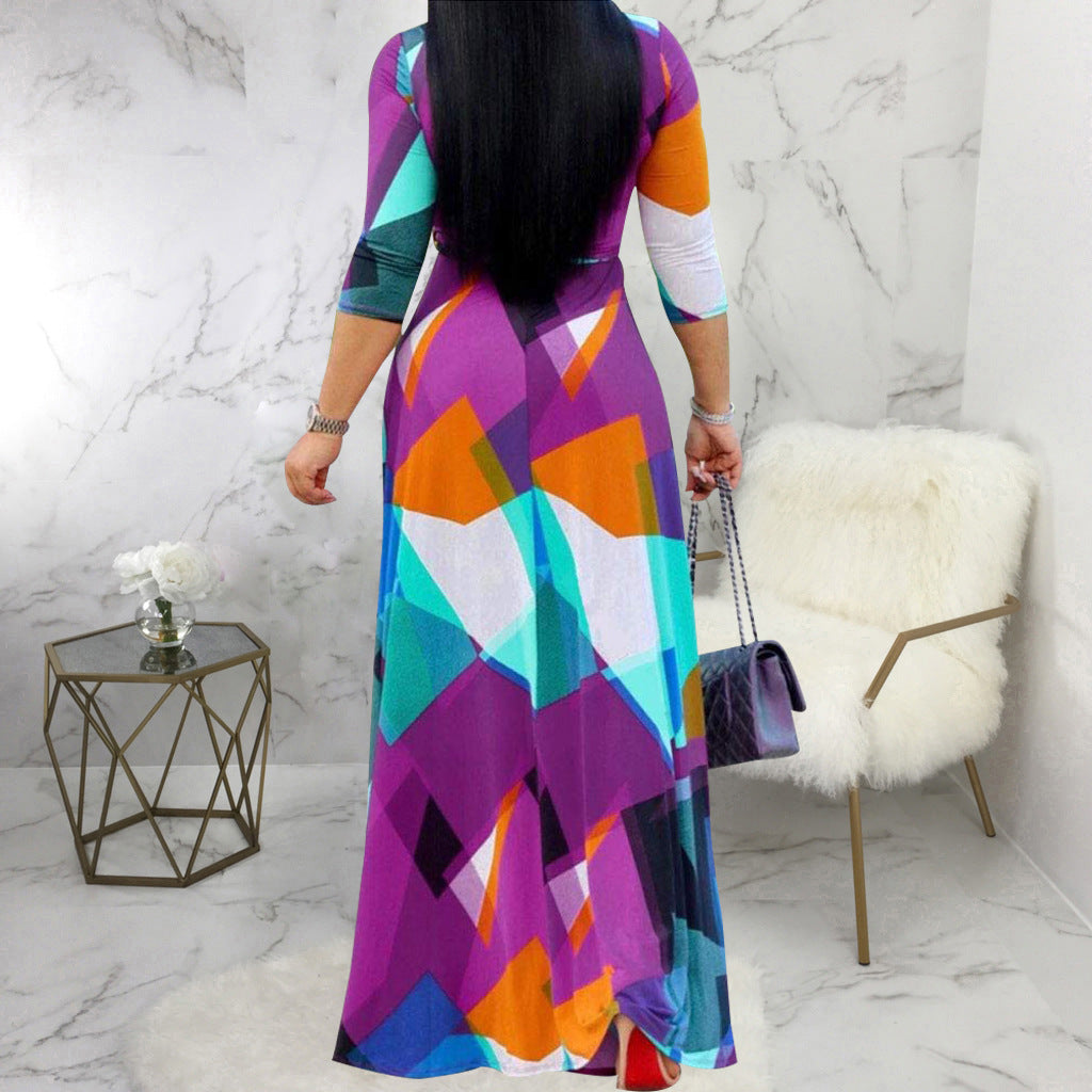 Casual Fashion Digital Printing Long Sleeve V-neck Women Dress