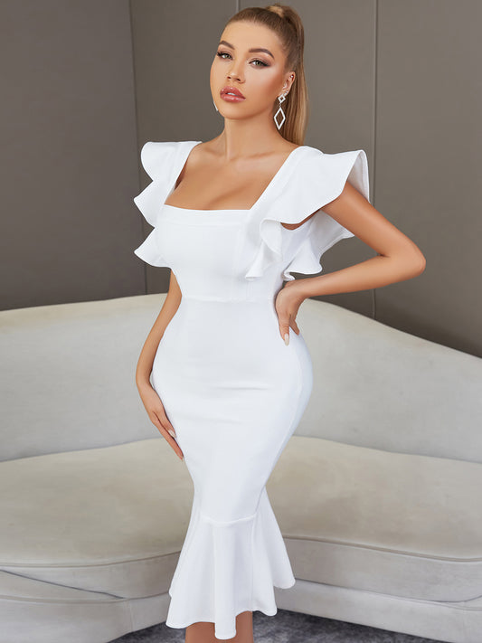 Summer Sexy Butterfly Sleeve Ruffled Flared Bandage One Piece Dress Socialite Club Wedding Party Dress