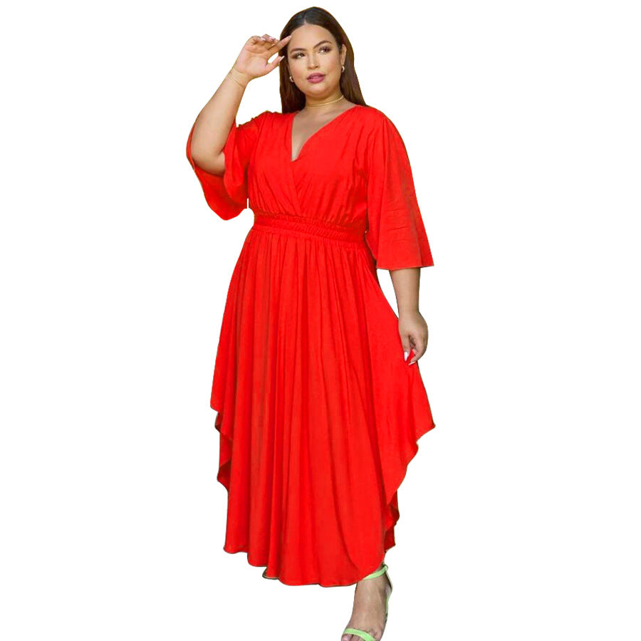 Plus Size Solid Color Casual Dress Bell Sleeve V-neck Cinched Swing Dress