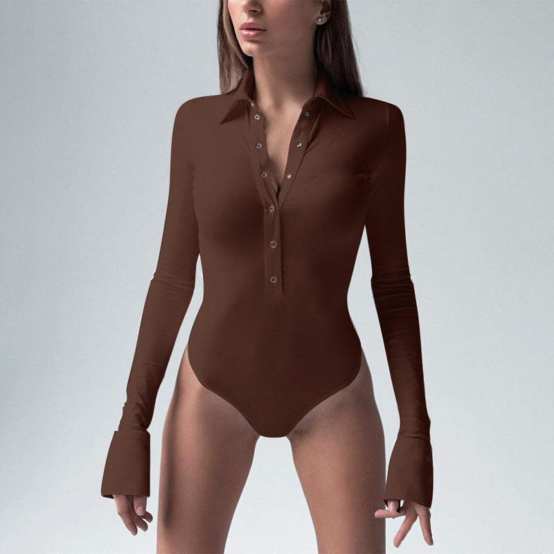 Trend Sexy Slim Long Sleeve Button Collared Bodysuit Autumn Winter Women Clothing