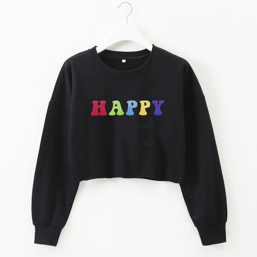 Women Clothing Autumn Winter Internet Celebrity Happy Letter Graphic Printed round Neck Loose Short Long Sleeve Sweater