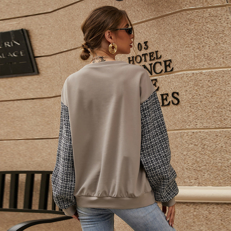 Round Neck Solid Color Plaid Sleeve Matching Casual Women Sweater