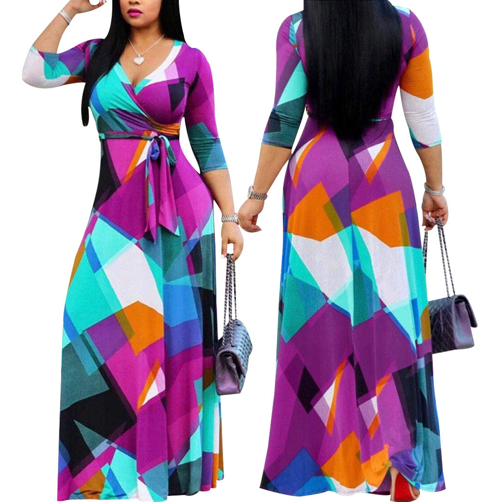 Casual Fashion Digital Printing Long Sleeve V-neck Women Dress