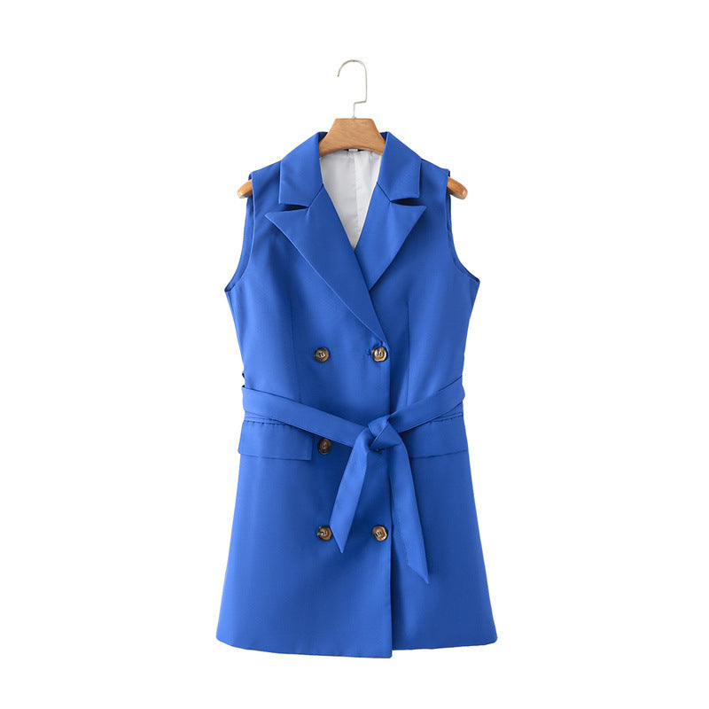 Summer Women Clothing Tailored Collar Double Breasted Blue Belt Waistcoat for Women