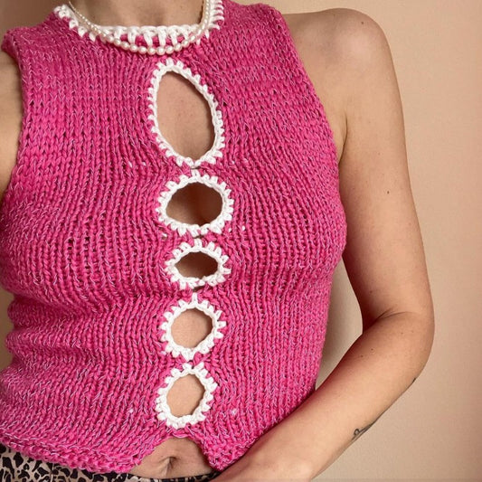 Spring Summer Women  Clothing  Hand Crocheting Hollow Out Cutout out Knitted Vest Top Sleeveless T shirt