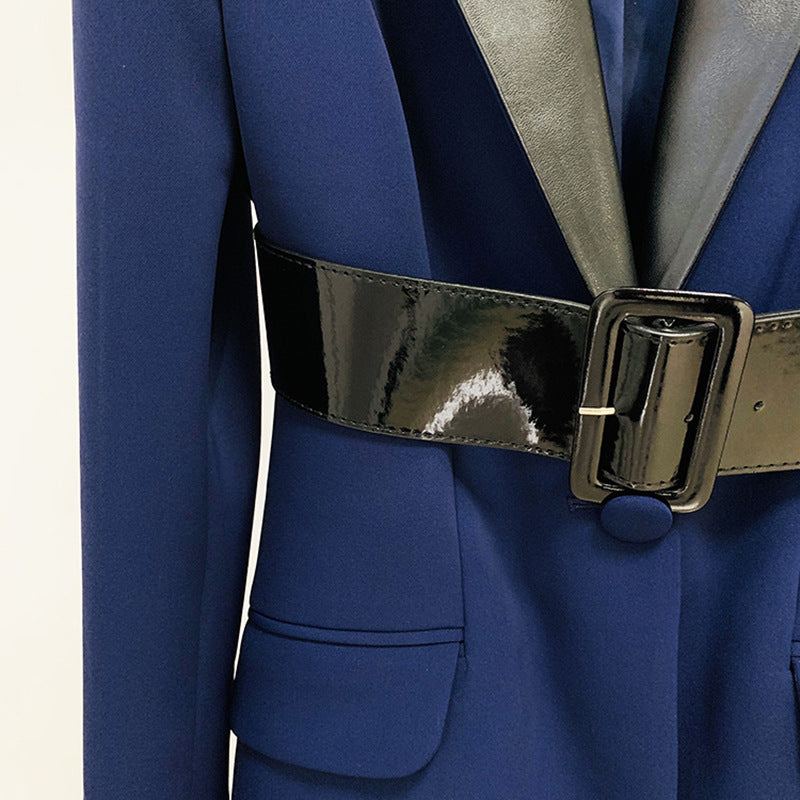 Leather Patchwork Collar Belt Mid Length Work Pant  Blazer Suit  Set Two Piece Set