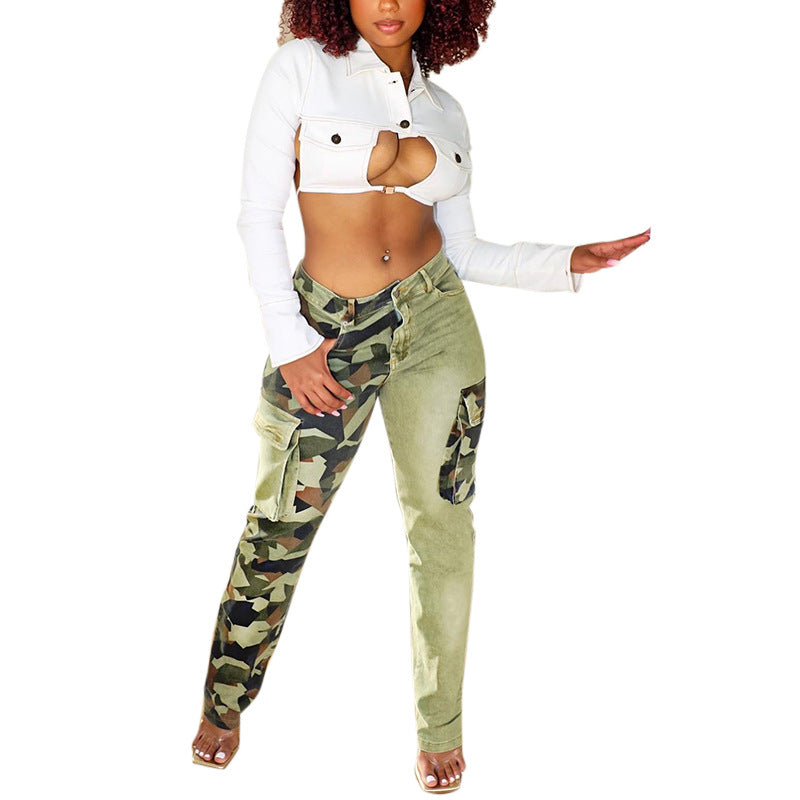 Jeans Women Clothing Contrast Color Fit Camouflage Jeans for Women