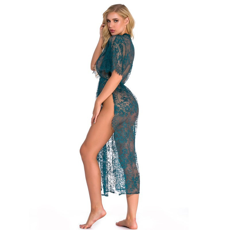 Underwear Women Two Piece Lace Pajamas Sexy See through Pajamas Long V neck Homewear Night Robe