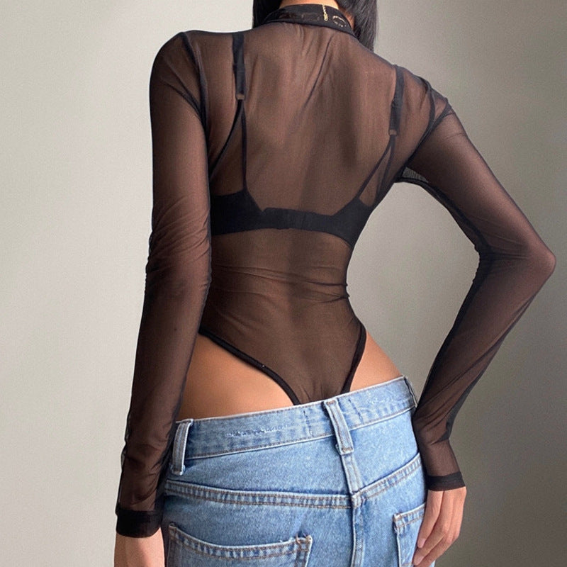 Women  Clothing Minimalist Mesh Sexy Zipper Stitching Long Sleeve Jumpsuit