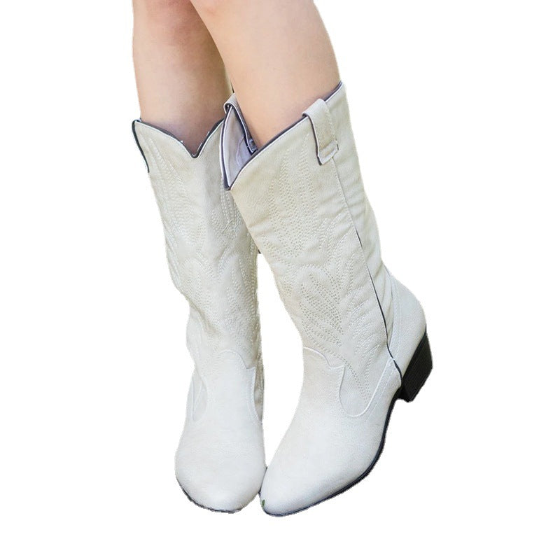 Cowboy Boots Mid Heel Ethnic Square Toe Faux Leather Boots for Women