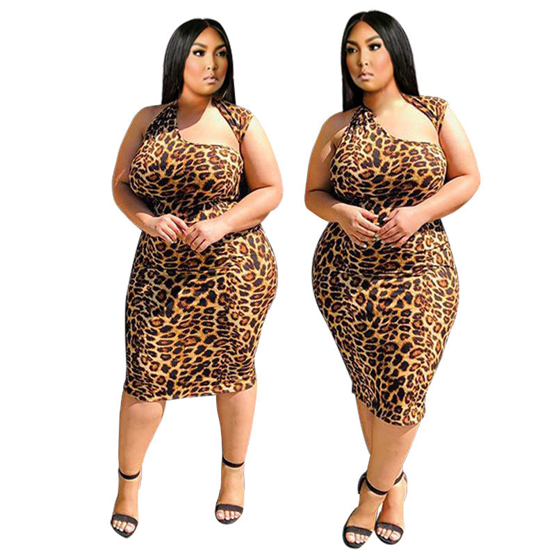 Plus Size Sexy Dress Leopard Print Irregular Asymmetric Collar Sleeveless Mid-Length Dress