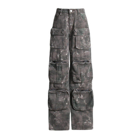 Spring Retro Design Pocket Wide Leg Jeans Camouflage Loose Slimming Workwear Pants Washed Trousers