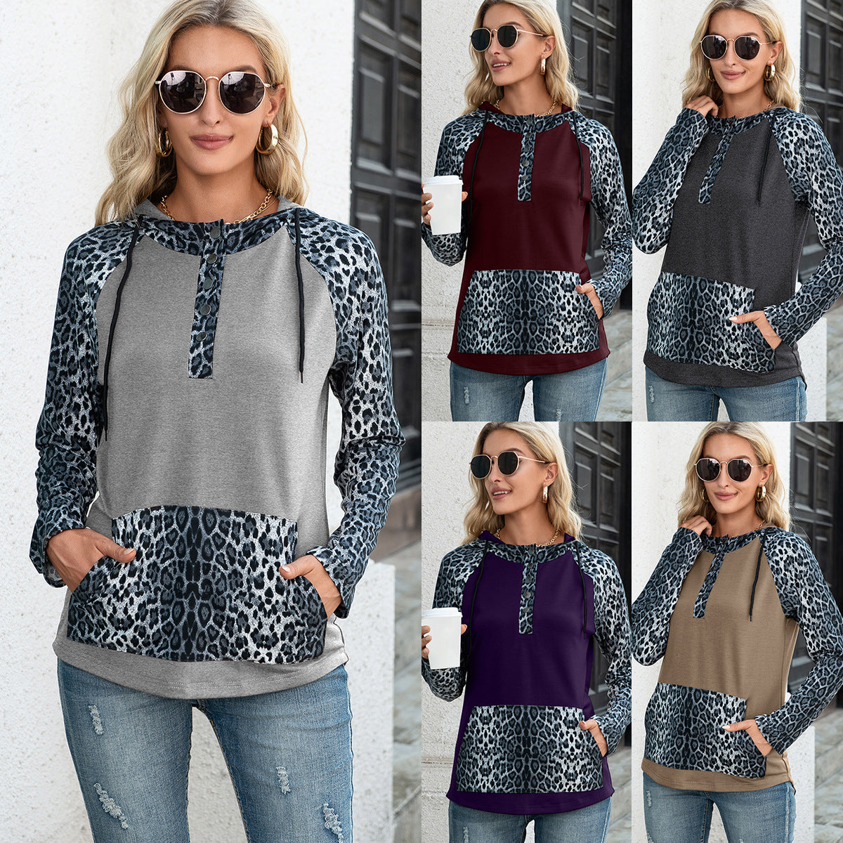 Autumn Winter Leopard Splicing Contrast Color Hooded Long Sleeve Sweatshirt Tops Women