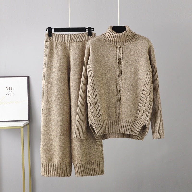 Turtleneck Pullover Thickened Knitting Sweater Casual Set