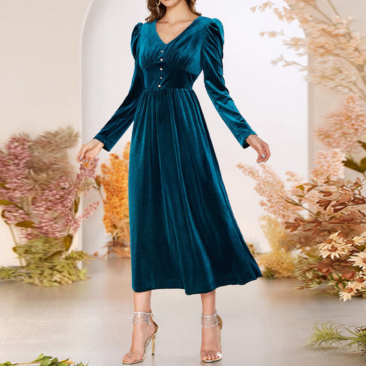 French Hepburn Fashionable Light Luxury Autumn Winter Long Dress Niche Elegant Velvet Annual Party Dress Women