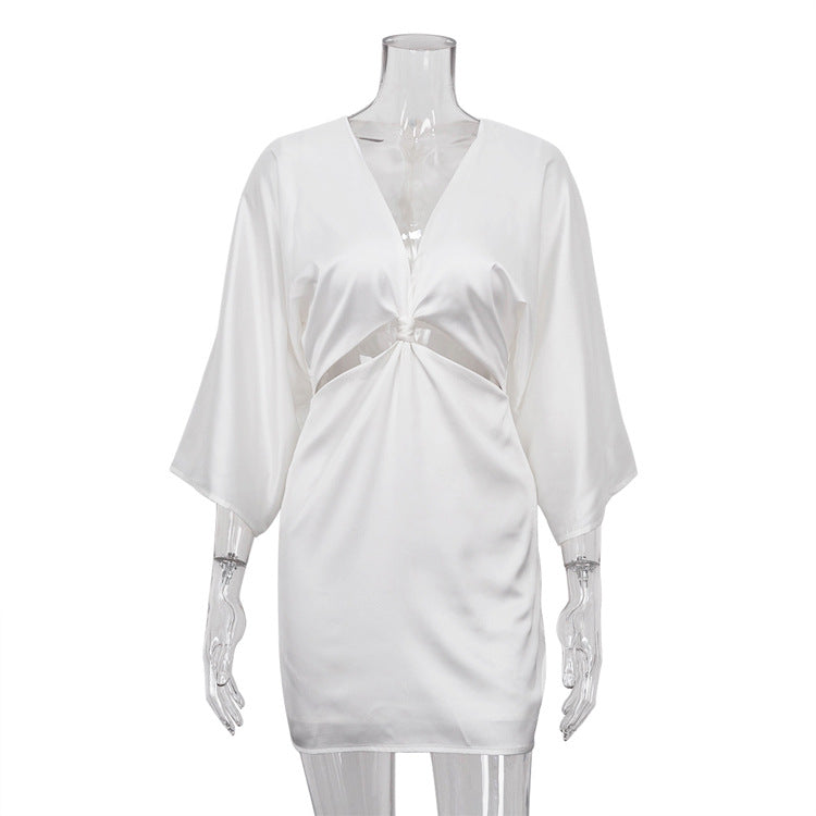 Summer White Satin Deep V neck Hollow Out Cutout Twisted Three Quarter Sleeve Tight Dress