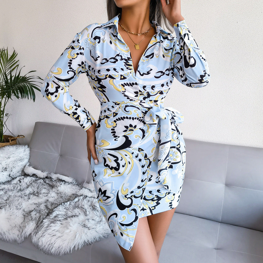 Long-Sleeved Printed Casual Lace-up Shirt Dress Women Clothing Spring Summer