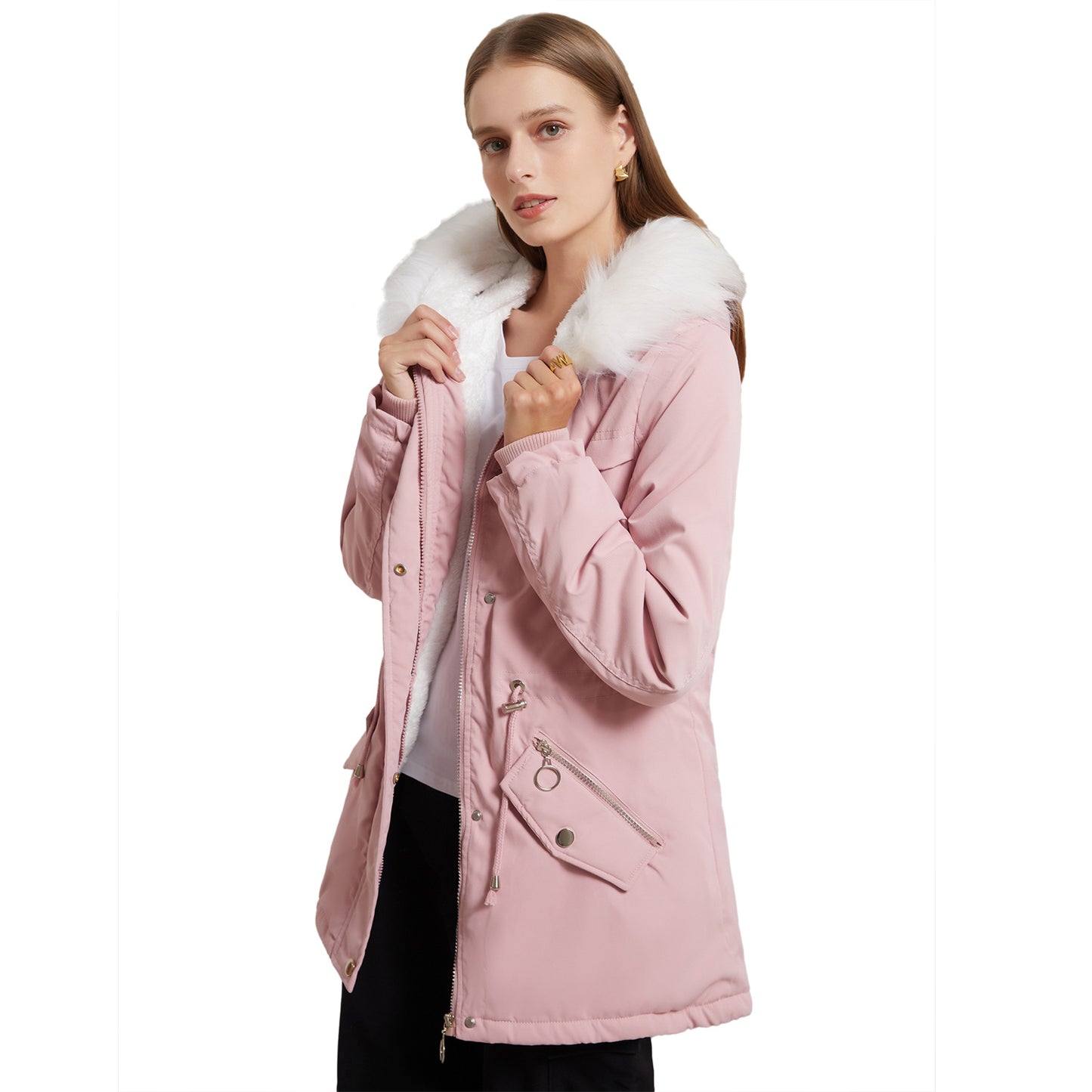 Parka Women Plus Size Mid-Length Fleece Lined Coat Women Warm with Fur Collar Loose Winter Coat Plus Size