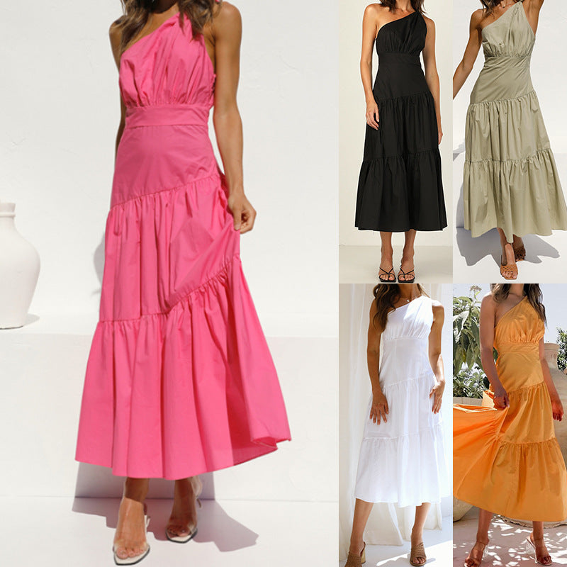 Spring Summer Dress off-Shoulder Sexy Swing High Waist Solid Color Irregular Asymmetric Dress