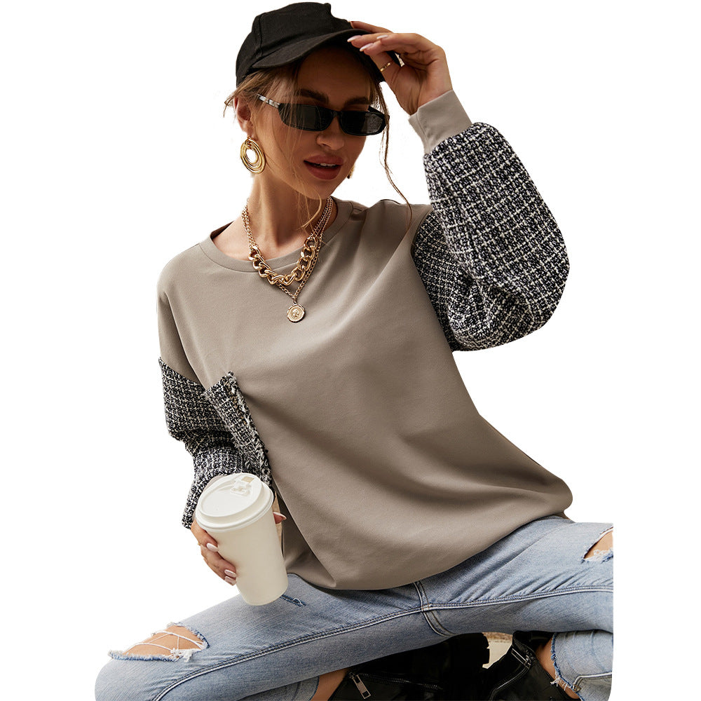 Round Neck Solid Color Plaid Sleeve Matching Casual Women Sweater