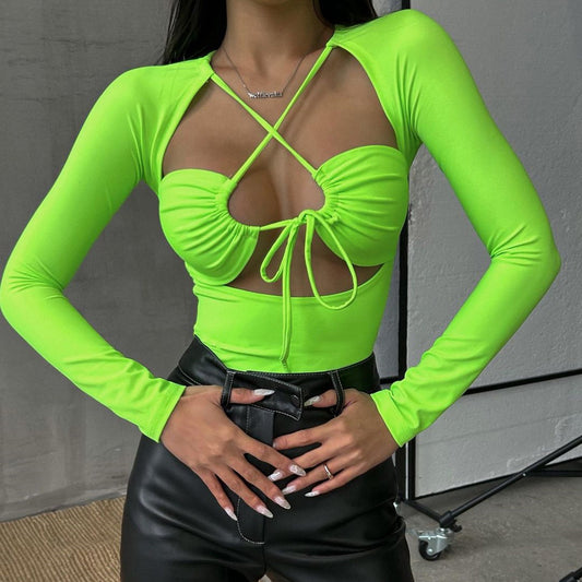 Summer Women Sexy Sexy Hollow Out Cutout out Strap Slim Solid Color Long Sleeve Jumpsuit Women