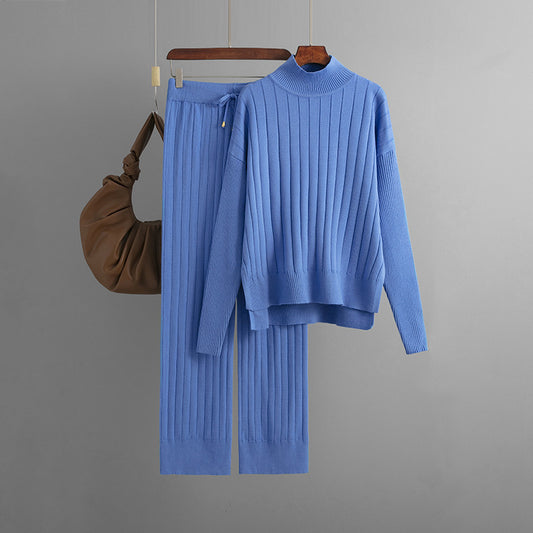 Winter Sunken Stripe Mock Neck Sweater Suit Solid Color Loose Warm Pullover Two Piece Set