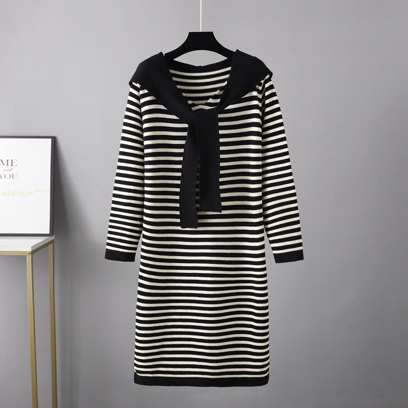 Autumn Winter Striped Slimming Long Sweater Shawl Western Sweater Women Dress