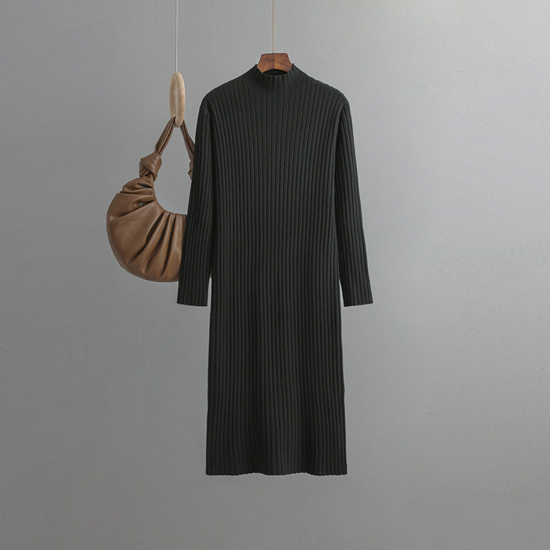 Women Knitted Bottoming Dress, Autumn Winter Half High Collar Mid Length Dinified Sweater Maxi Dress Over the Knee