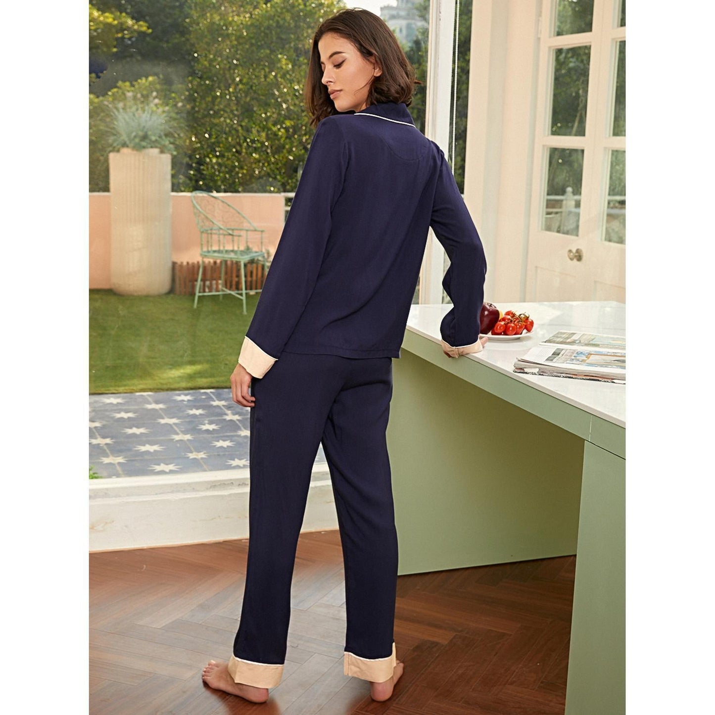 Pajamas Women Spring Autumn Simple Cardigan Long Sleeve Long Home Wear Suit