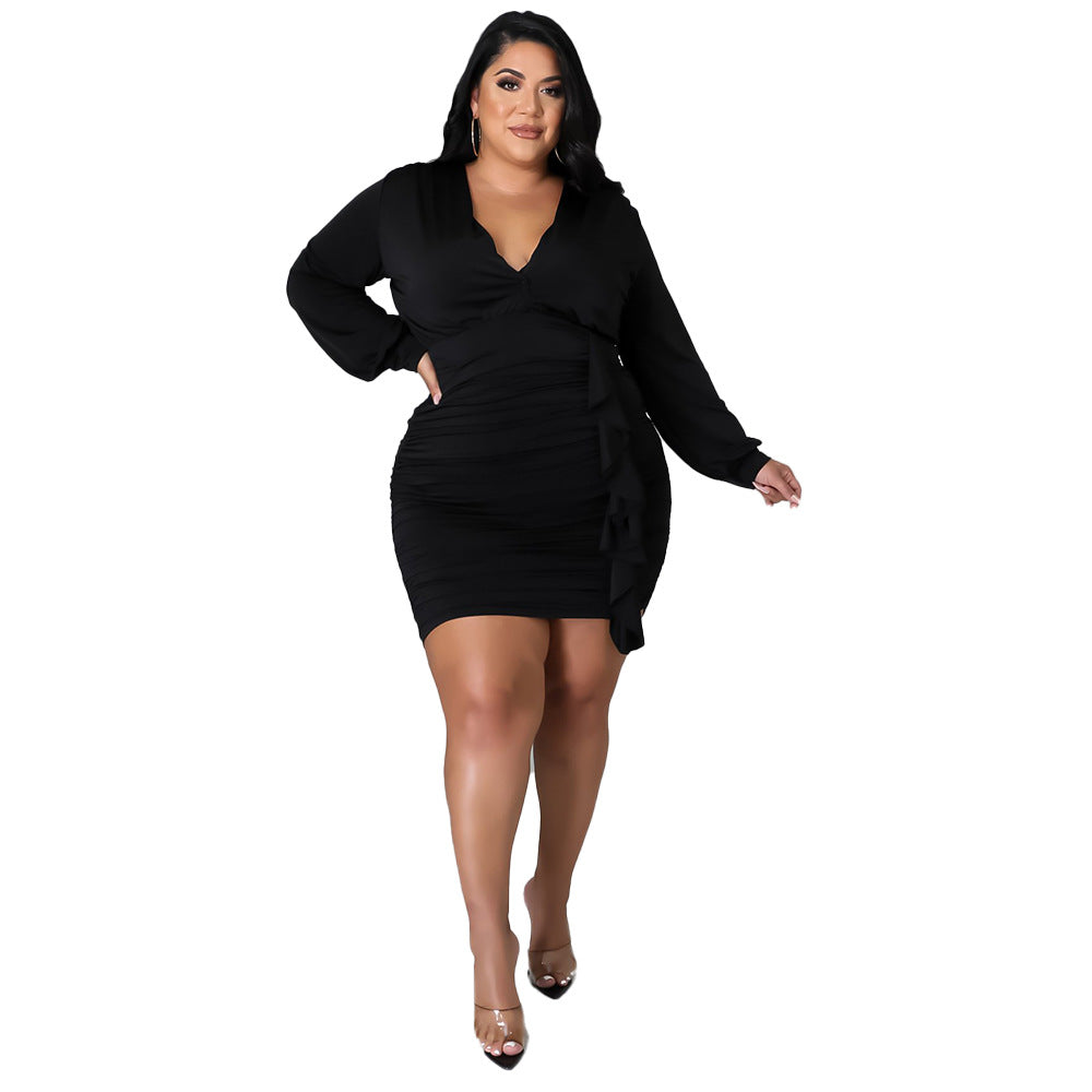 Plus Size New Arrival  Women Clothing Solid Color Pleated Sexy Sheath  Dress