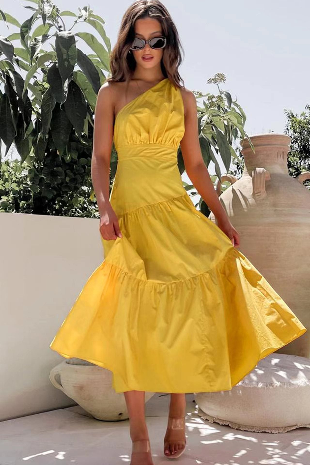 Spring Summer Dress off-Shoulder Sexy Swing High Waist Solid Color Irregular Asymmetric Dress
