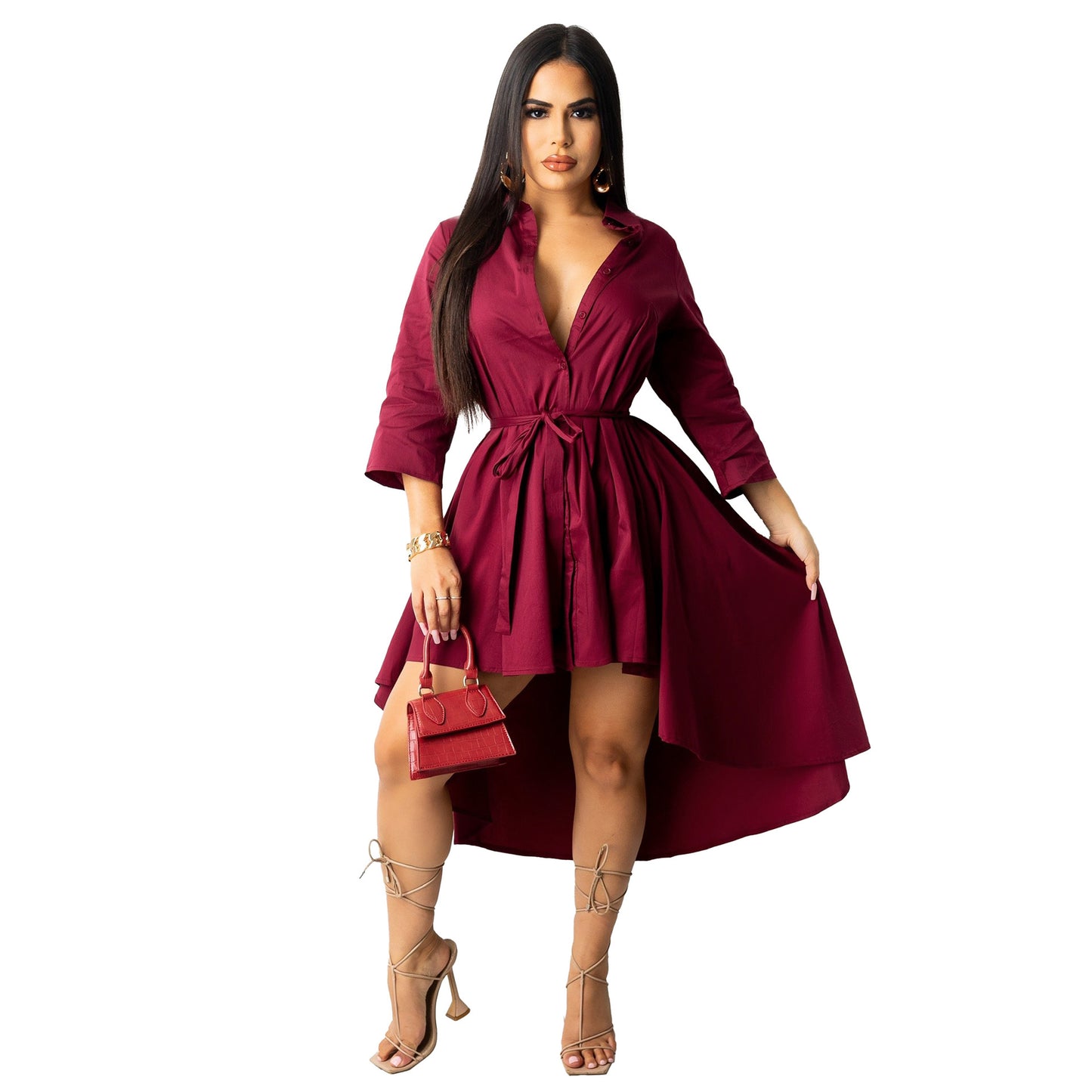 Autumn Winter Irregular Asymmetric Half Sleeve Long Shirt Dress