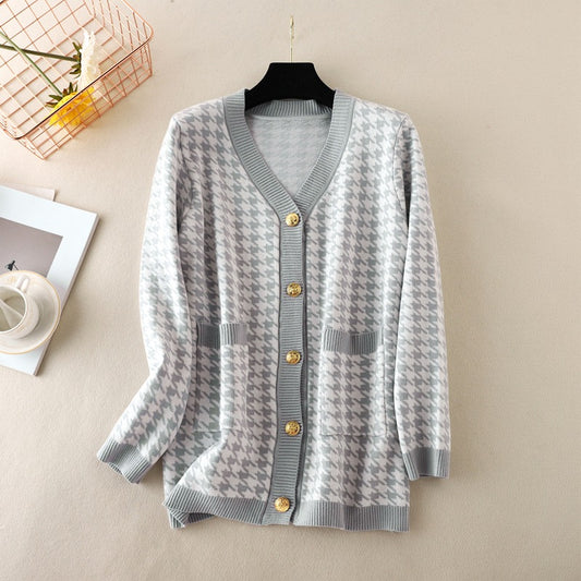 Knitted Cardigan for Women Autumn V-neck Long Sleeve Loose Plus Size Mid Length Top Coat