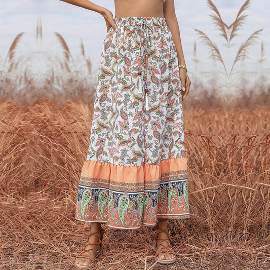 Slim Fit Elasticated Waist Self-Tie Slit Skirt Ethnic Print Mid-Length Women Summer