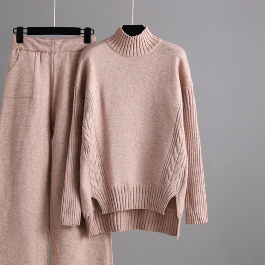 Autumn Winter Fashionable Stylish Sweater Suit Drape Knit Wide Leg Pants two piece set Women