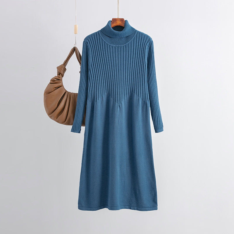 Autumn Winter High Neck Thickened Long below the Knee Woolen Women Base Ride Loose Knitted Dress