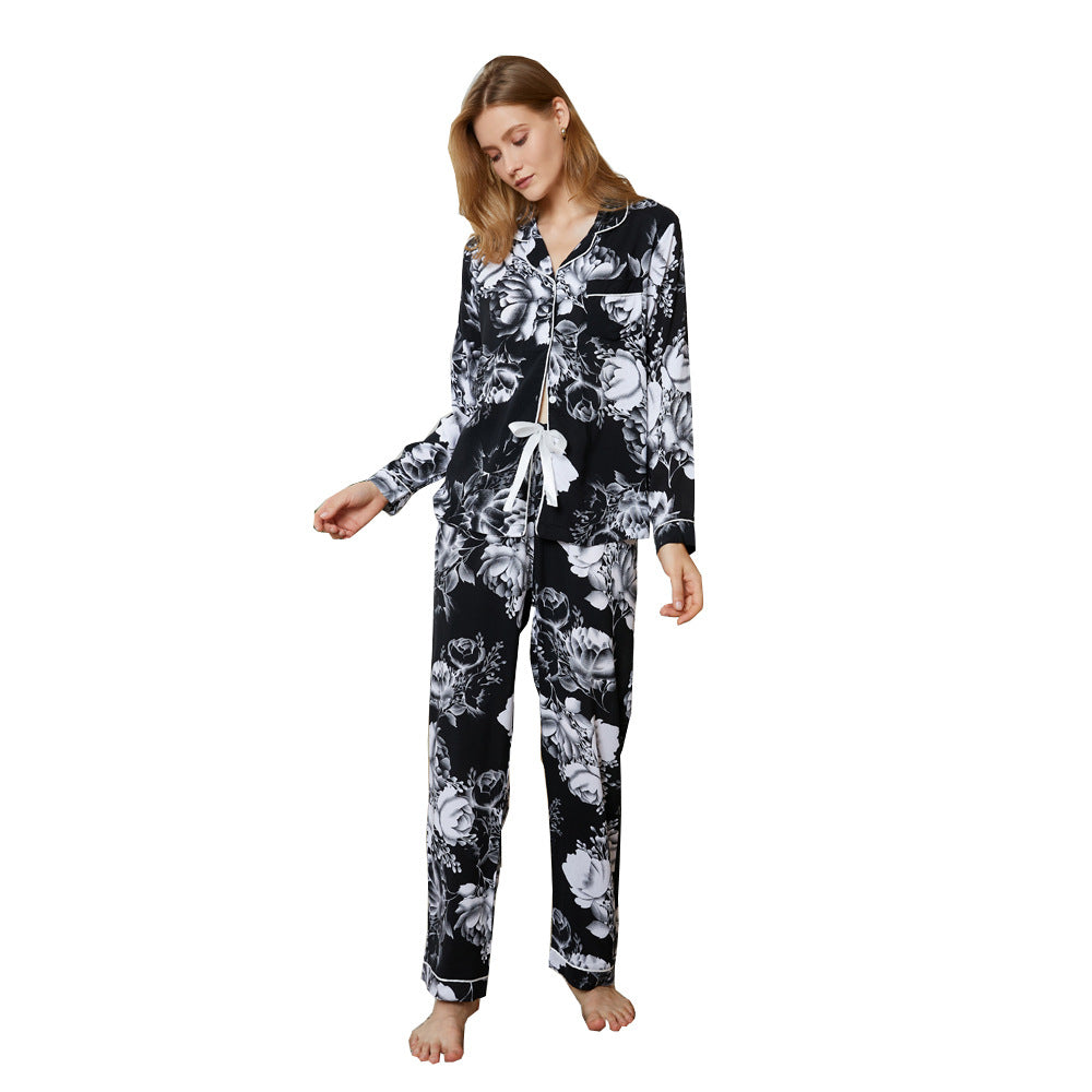 Long-Sleeved Trousers Rayon V-neck Pajamas Comfort Printing Summer Thin Pajamas Casual Suit