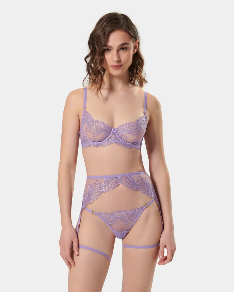 Sexy Thin Embroidery Bra Set Mesh Purple Underwear Women Garter