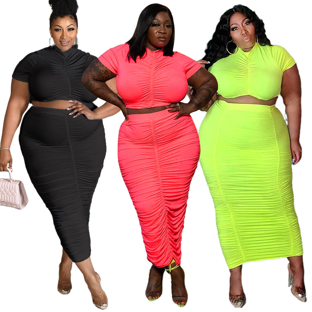 Plus Size Plus Size Women Solid Color Pleated Super Elastic Skirt Set Two-Piece Set