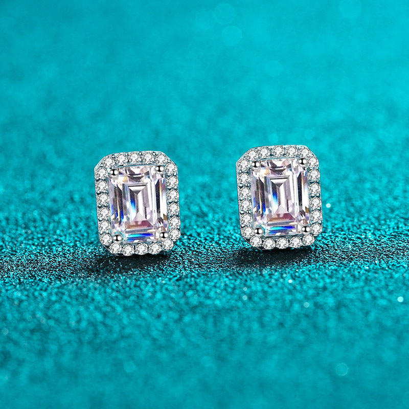 Sterling Silver Stud Earrings Women Inlaid Radiant Emerald Cut  Diamond Earrings