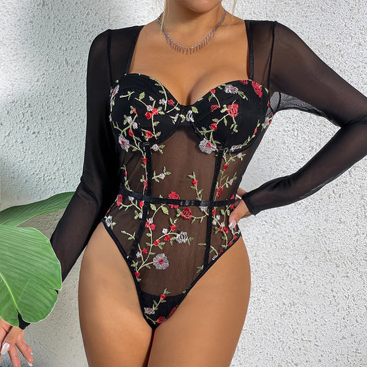 Autumn Retro Mesh Floral Embroidery Steel Ring Waist Tight Perspective Long Sleeve Sexy Jumpsuit