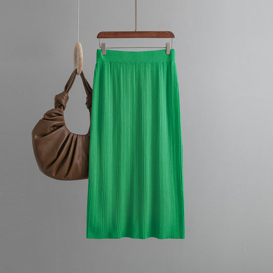 Back Slit Knitted Sunken Stripe Skirt Solid Color Elastic Waist