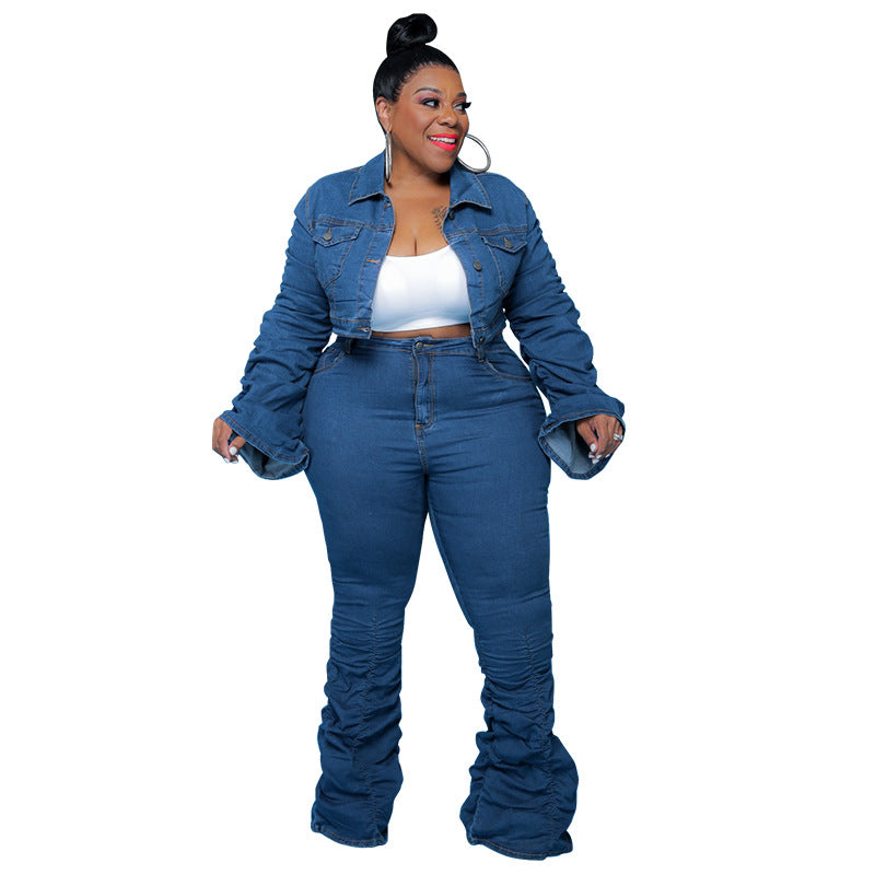 Plus Size Plus Size Women Clothing Autumn Winter Denim Two-Piece Suit Pleated Pile Pants